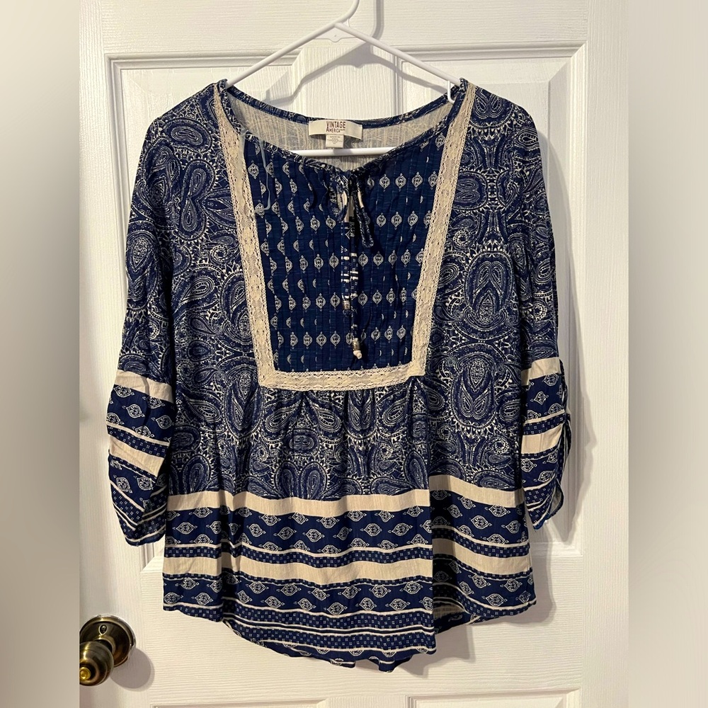 Ladies Vintage America navy cream summer top M